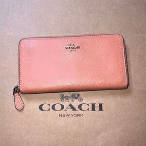 COACH Leather Wallet Long Zip-Around Salmon w Silver Hardware AUTHENTIC